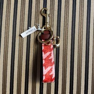 COACH Loop bag charm red pink houndstooth print keychain w/brass CK069